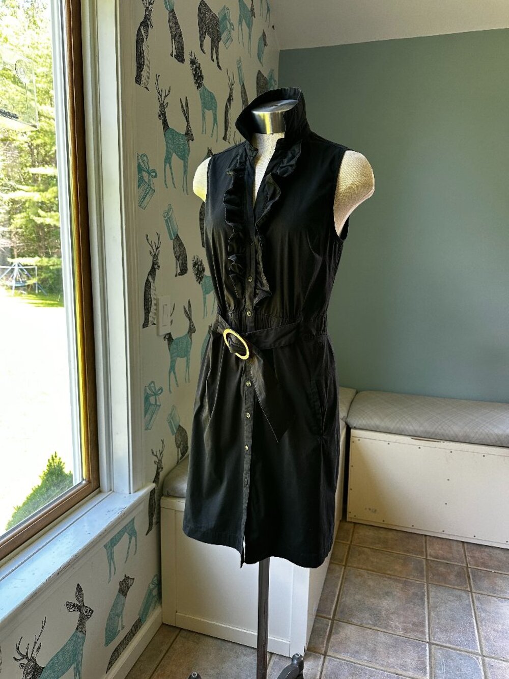 River Woods Black Belted Shirtdress Size EU 38 (US ~8) Sleeveless Ruffle Pockets